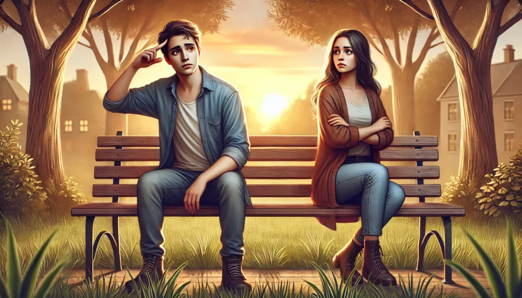 A couple outdoors on a park bench, one partner looking distracted while the other looks concerned. The setting is peaceful with trees and a sunset in the background, symbolizing the challenges and support in ADHD relationships.