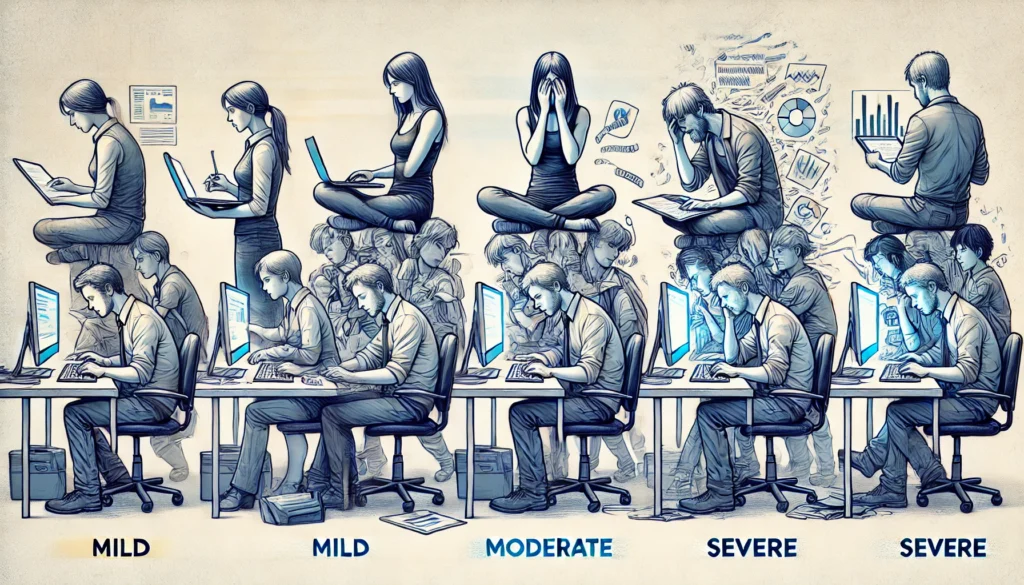 An artistic visualization of the spectrum of ADD severity – This image illustrates mild, moderate, and severe ADD in various work and social settings.