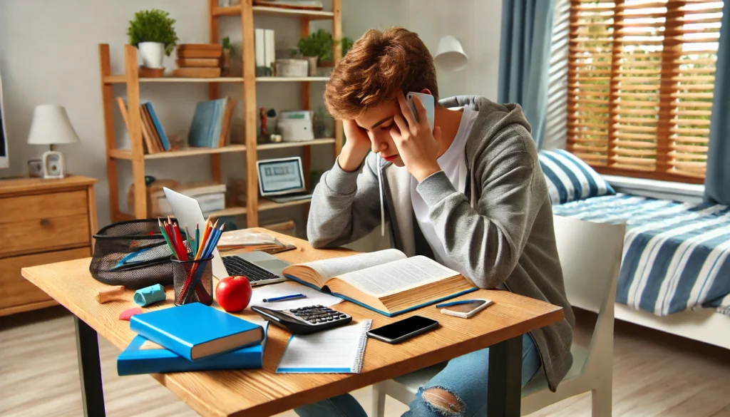 A teenage student with ADD at home, attempting to complete homework but getting easily distracted by their phone.