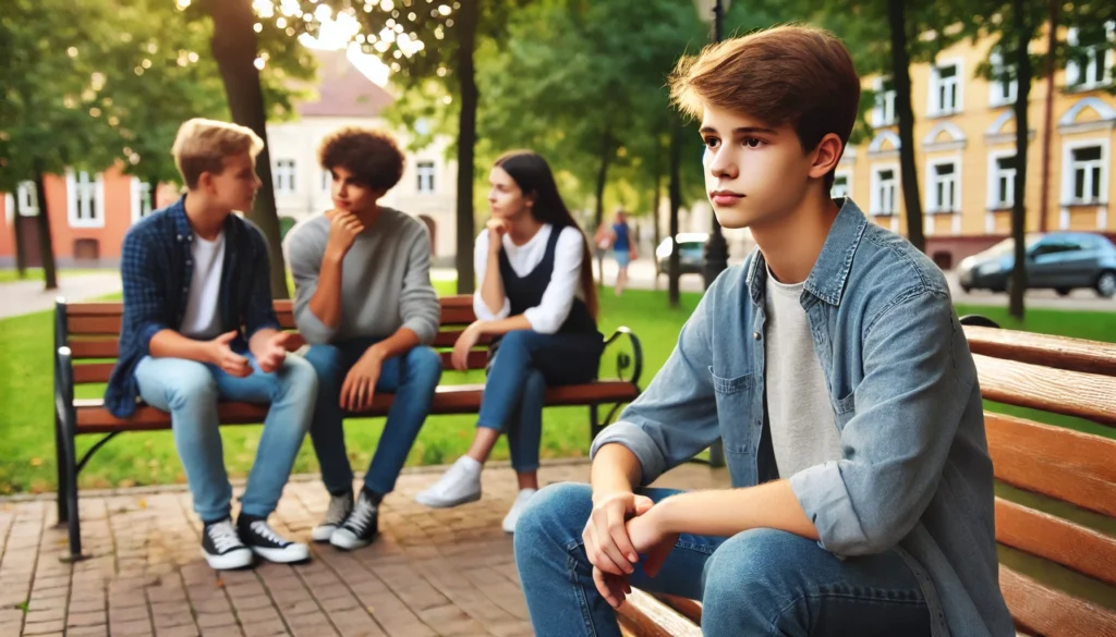 A teenage boy with ADD sitting in a park with his friends, appearing distracted during a conversation.