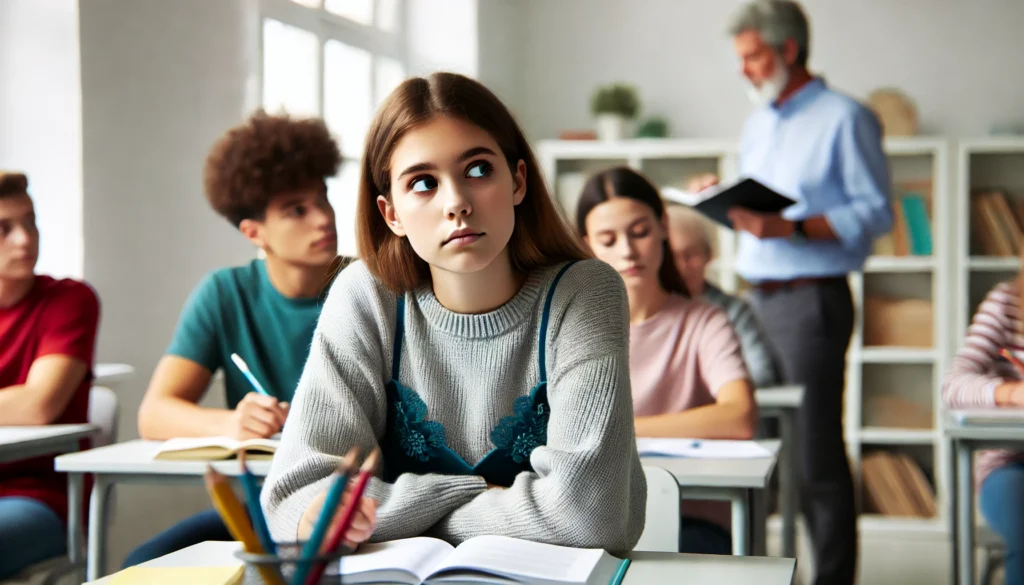 A teenage girl with ADD in a classroom, appearing lost in thought while the teacher explains a lesson.