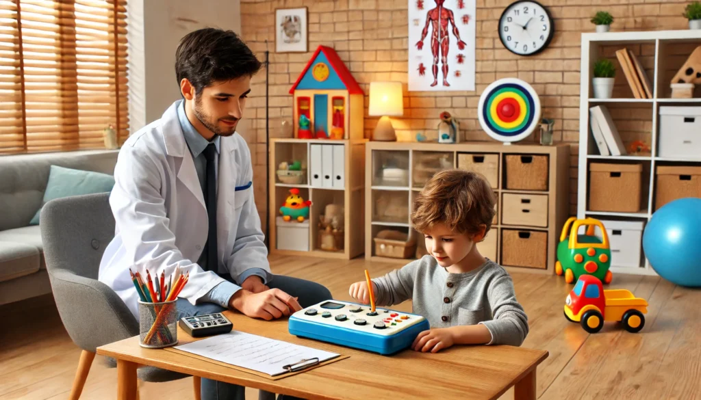 A child undergoing ADHD psychological testing in a clinical setting. The child is interacting with a neuropsychological assessment tool while a psychologist observes and records observations. The clinic has a child-friendly atmosphere with educational toys, books, and a warm ambiance to ease anxiety.