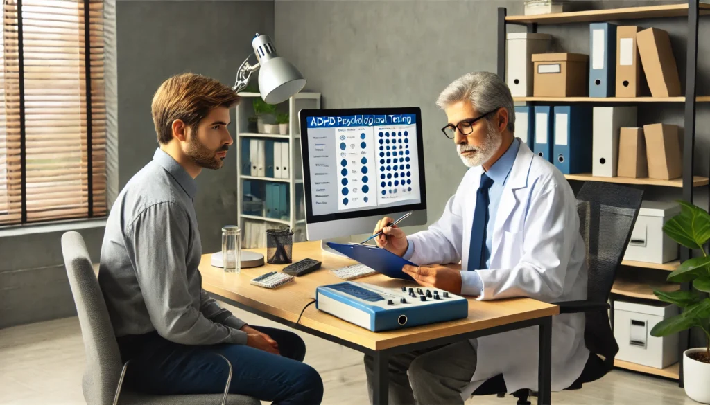 An ADHD psychological testing session with an adult patient in a modern clinic. The patient is taking a computerized cognitive test while the psychologist monitors progress on a clipboard. The office has a professional setting with a large desk, a computer, medical books, and a calming environment.