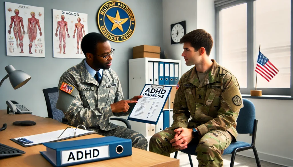 A military psychiatrist discussing ADHD diagnosis results with a service member in a medical consultation room. The psychiatrist is explaining test findings while pointing at a medical chart, and the service member is attentively listening. The office setting includes a military emblem on the wall, clinical folders, and a professional yet welcoming atmosphere.