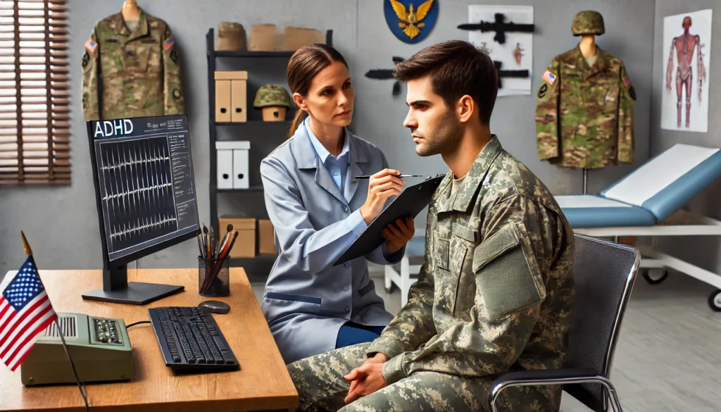 A service member undergoing ADHD psychological testing in a military medical facility. A psychiatrist in uniform is administering a standardized cognitive assessment while the service member concentrates on the task. The room is equipped with clinical tools, a computer, and military-related insignia.