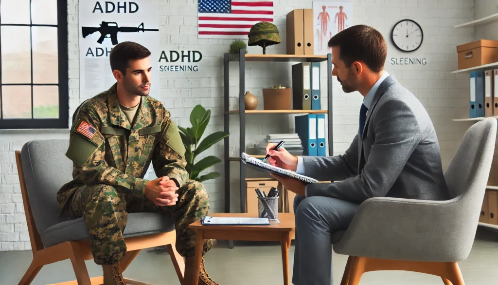 A military therapist conducting an ADHD screening for a service member in a confidential counseling room. The therapist is taking notes while the service member, wearing a military uniform, discusses their experiences. The environment is professional, featuring military-themed decor, a comfortable chair, and a desk with clinical documents.