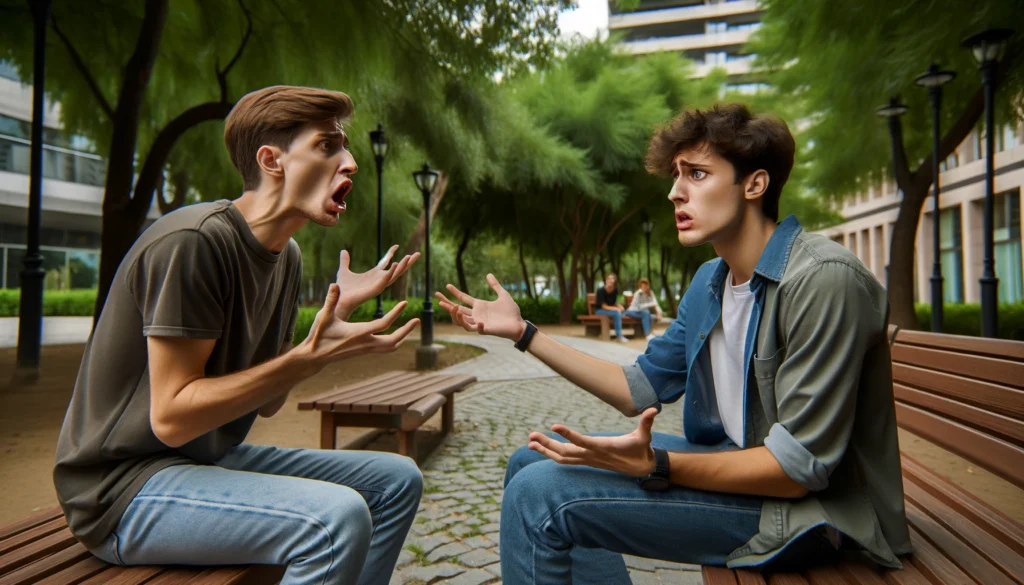 Two friends arguing in a park – One, with ADHD-related frustration, talks rapidly and gestures, while the other looks confused and slightly overwhelmed.