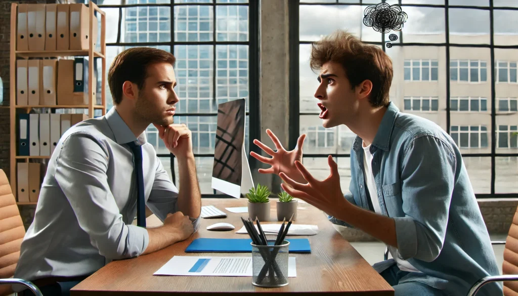 Two coworkers in a tense workplace discussion – The individual with ADHD talks rapidly with expressive hand movements, while the other listens with a concerned expression in a professional office setting.