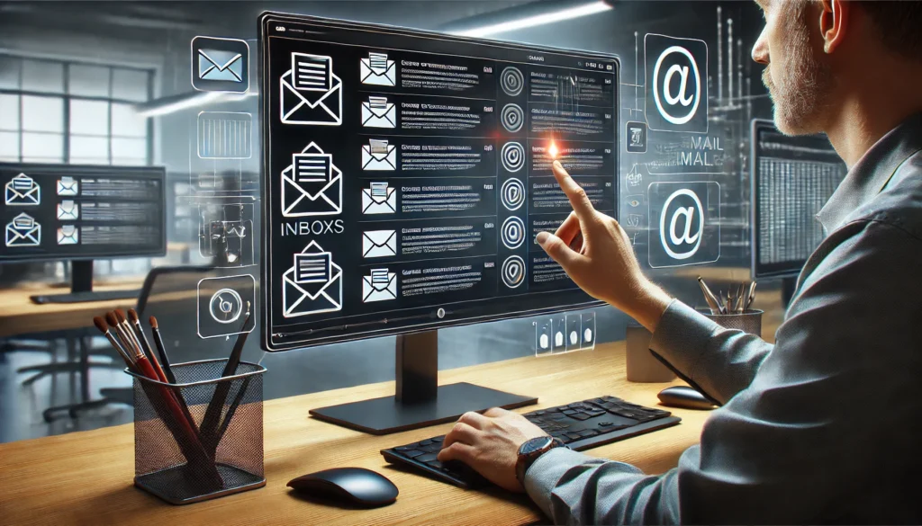 "A modern workspace with a person using an email management tool, where multiple inboxes are streamlined into one efficient dashboard."