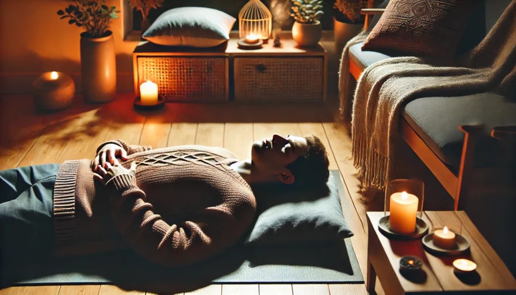 "A person practicing body scan meditation indoors, lying on a yoga mat in a peaceful space with dim lighting, a candle, and a soft cushion, enhancing relaxation and mindfulness."