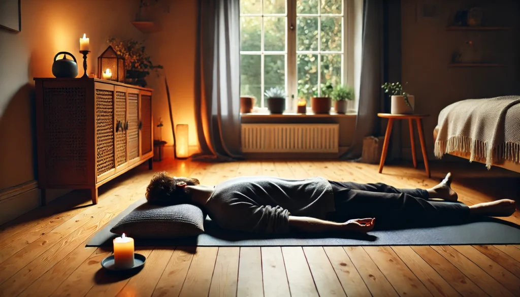 "A person practicing body scan meditation indoors, lying on a yoga mat in a cozy space with soft lighting, wooden flooring, a candle, and a plant, promoting relaxation and mindfulness."