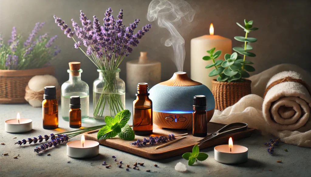 "A relaxing aromatherapy setup with essential oils, a diffuser, and fresh lavender, peppermint, and eucalyptus leaves, creating a calming atmosphere for natural stress relief."