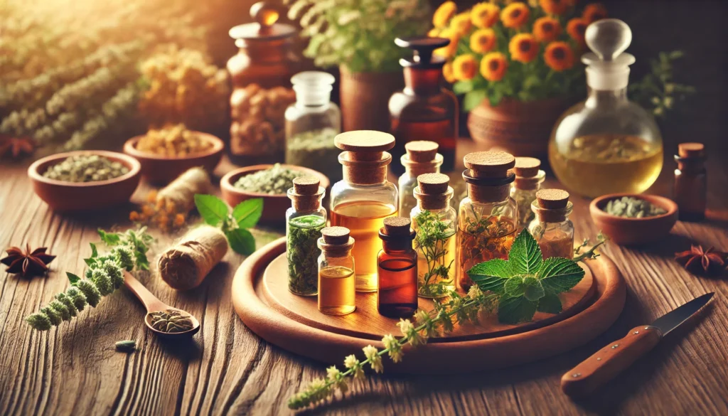 "A cozy homeopathy setup featuring small glass bottles of natural remedies, a wooden tray, and fresh herbal ingredients, creating a warm atmosphere for holistic healing."