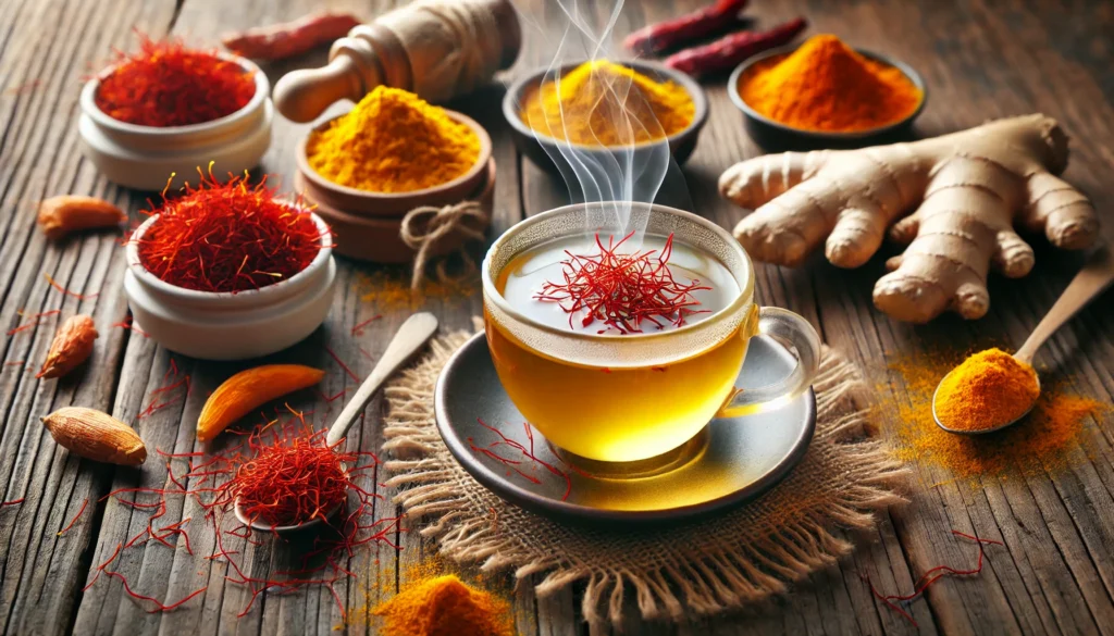 A wellness-inspired scene featuring a cup of saffron herbal tea on a rustic wooden table, surrounded by saffron threads, turmeric powder, and fresh ginger, promoting relaxation and mental clarity."