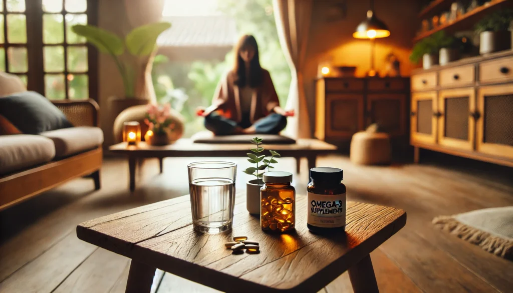 "A peaceful indoor meditation scene with a person sitting cross-legged, holding a bottle of omega-3 supplements and a glass of water, surrounded by soft lighting, a wooden table, and a plant, promoting mental well-being."