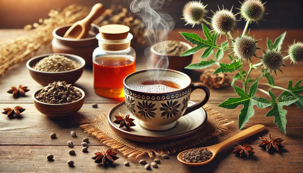 A cozy wellness scene featuring a cup of herbal Milk Thistle tea on a wooden table, surrounded by dried Milk Thistle seeds, fresh leaves, and a small glass jar of herbal extract, with warm steam rising to create a soothing atmosphere."