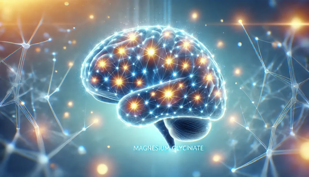 "A scientific visualization of the brain with glowing neural pathways, illustrating the calming effects of magnesium glycinate on anxiety, set against a soft blue-toned background representing relaxation and mental clarity."