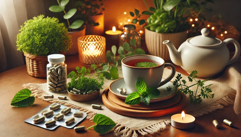 "A peaceful wellness scene featuring a cup of magnesium-rich herbal tea on a wooden table, surrounded by magnesium glycinate capsules, fresh leafy greens, and warm candlelight, creating a relaxing ambiance for stress relief."