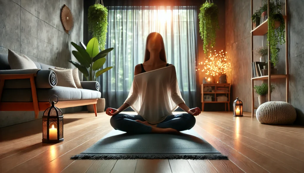 "A peaceful mindfulness meditation session featuring a person sitting cross-legged in a serene indoor setting, practicing deep breathing and relaxation techniques used in CBT, surrounded by soft lighting and natural elements."