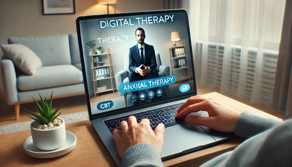 "A modern digital therapy concept featuring a person using a laptop for an online CBT session, with a virtual therapist guiding anxiety management techniques in a softly lit, focused, and comfortable setting."