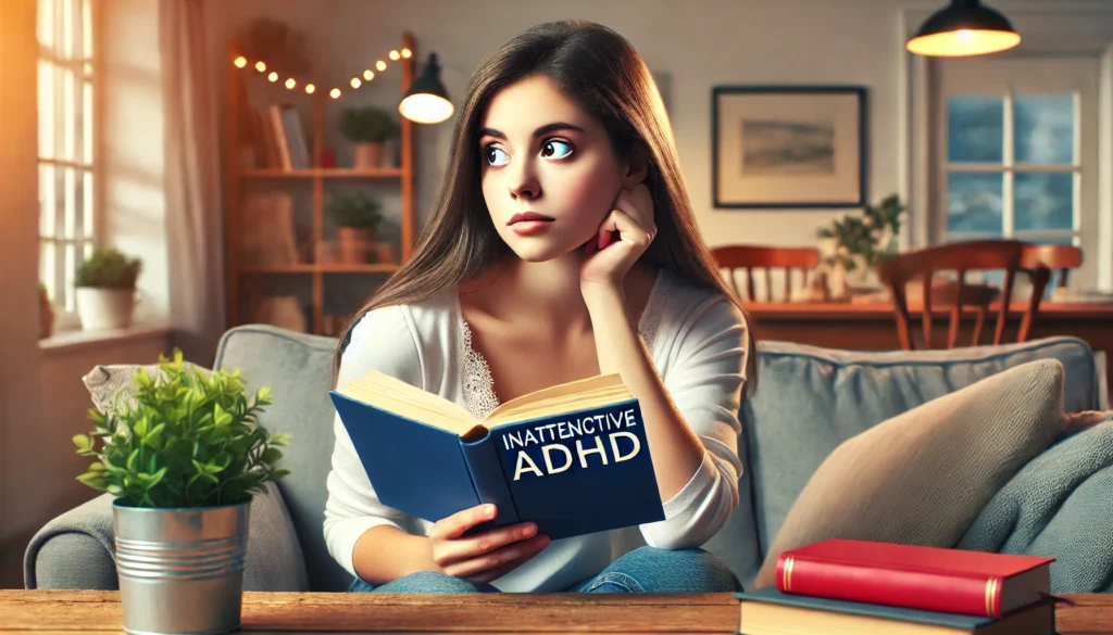 Woman Reading in a Living Room - A woman with inattentive ADHD sitting in a cozy living room, trying to read a book but appearing distracted.