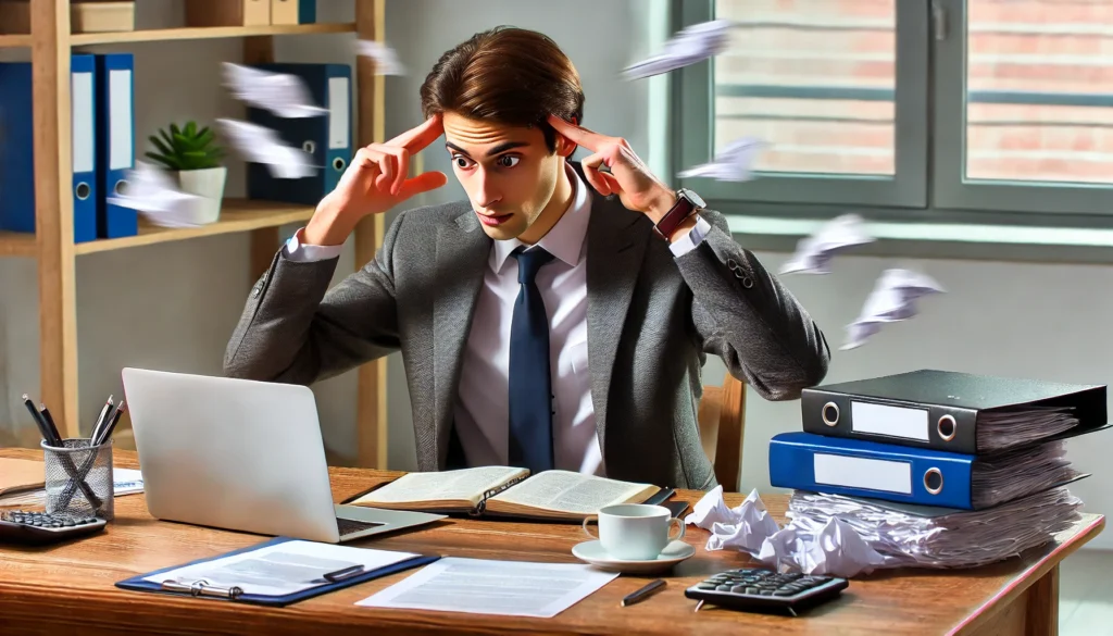 Adult Professional at Work - An adult professional with inattentive ADHD at their office desk, appearing unfocused while trying to complete a report.