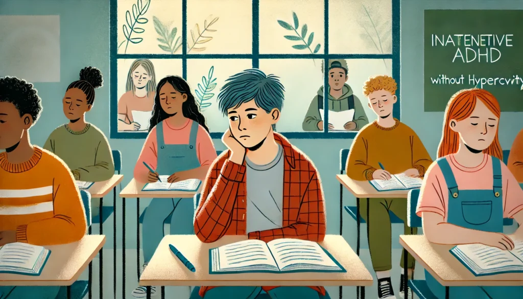 Teenager in Classroom - A teenager with inattentive ADHD sitting in a classroom, staring out the window while classmates focus on their work.