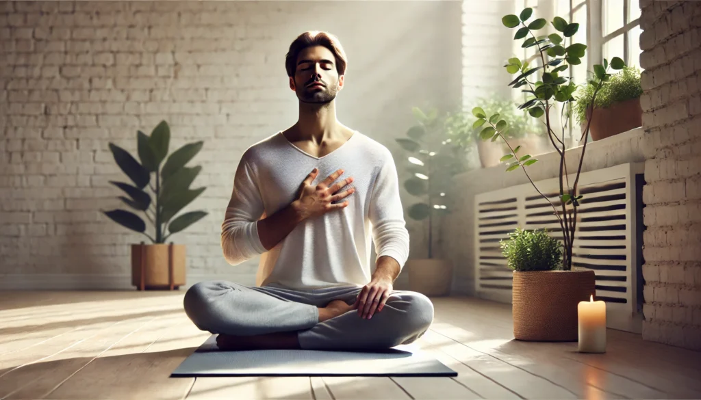 "A calming mindfulness breathing exercise scene with a person sitting cross-legged on a yoga mat, eyes closed, practicing deep breathing in a softly lit room with natural light and serene plants."