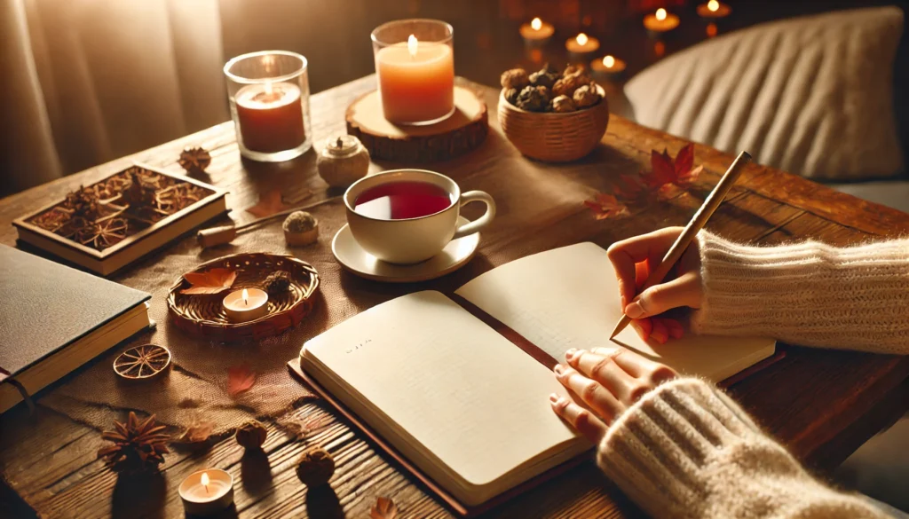 A cozy journaling session featuring a person mindfully writing in a notebook with a warm cup of tea beside them, set on a wooden table with soft lighting, creating a peaceful atmosphere for reflection and self-awareness."