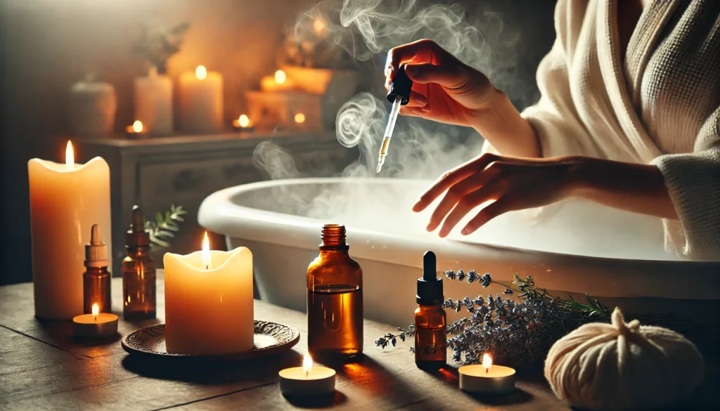 "A tranquil self-care scene with a person adding essential oils to a warm bath, with steam rising and soft candlelight illuminating the space, promoting relaxation and stress relief for social anxiety."