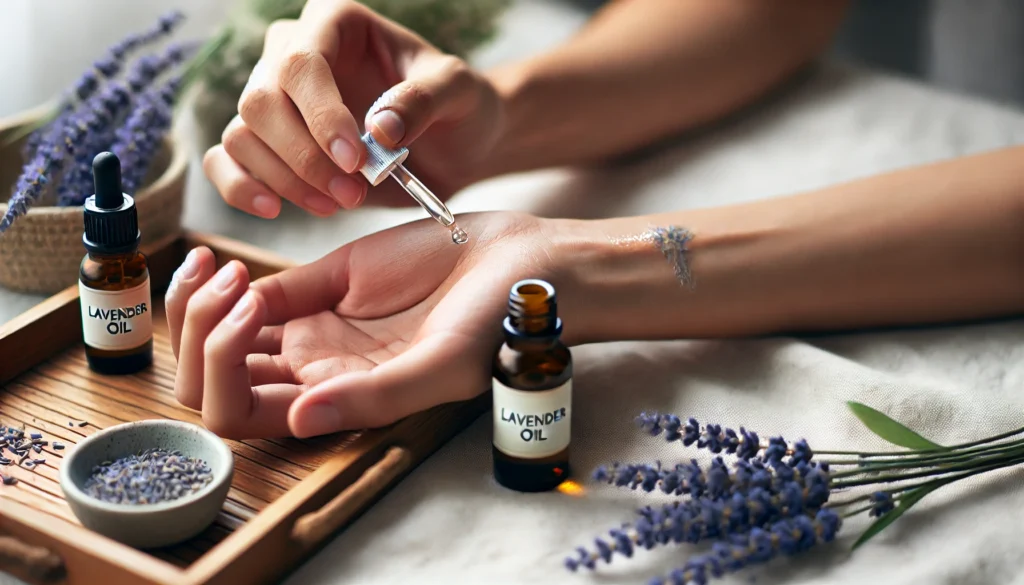 "A close-up of hands applying diluted essential oil to the wrist for aromatherapy, with a small bottle of lavender oil beside them, promoting relaxation and anxiety relief."