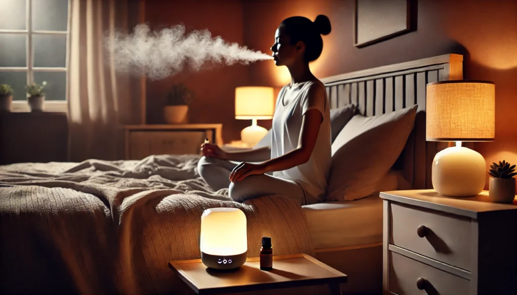 "A cozy nighttime relaxation scene featuring a person practicing mindfulness with essential oils in a softly lit bedroom, as a diffuser emits a gentle mist, fostering calm and tranquility before sleep."