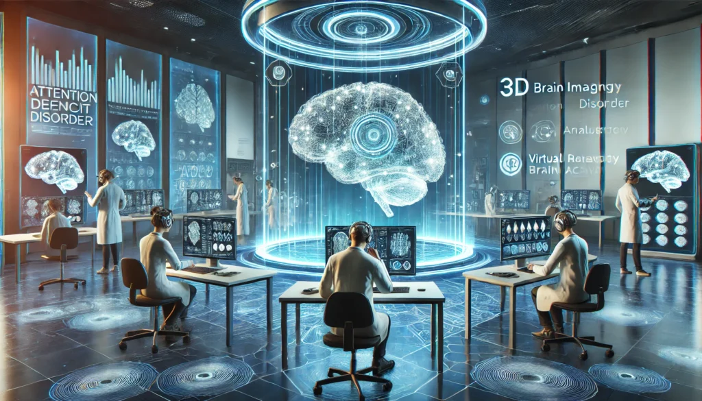 An advanced neurobiology research lab where scientists are conducting studies on ADD – Displays a cutting-edge research environment featuring 3D brain imaging, AI-driven cognitive analysis, and real-time brain activity assessments.