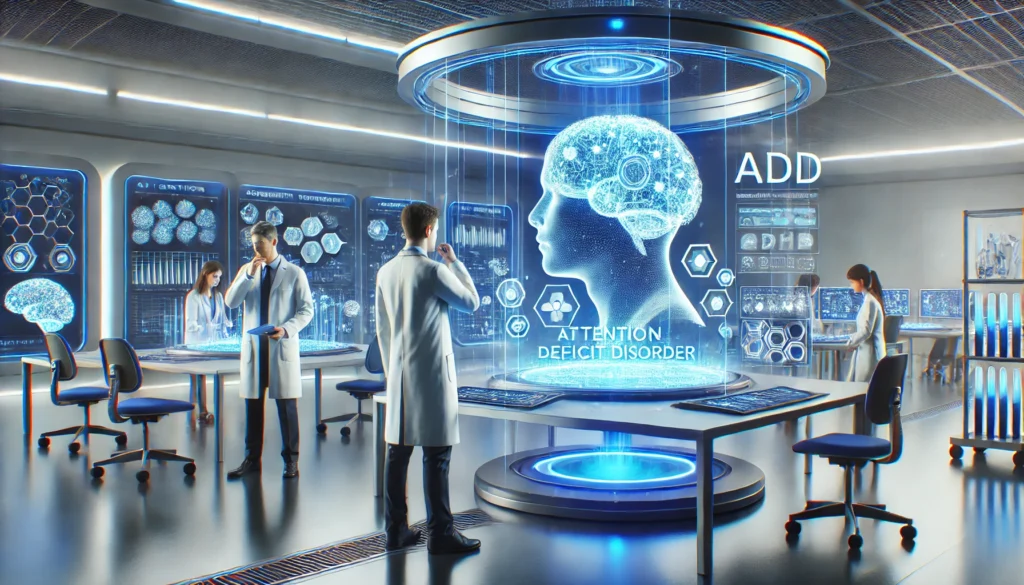 A futuristic medical research facility focusing on attention deficit disorder (ADD) research – Depicts scientists in lab coats studying 3D holographic brain models while using advanced brain wave monitors and interactive digital screens.