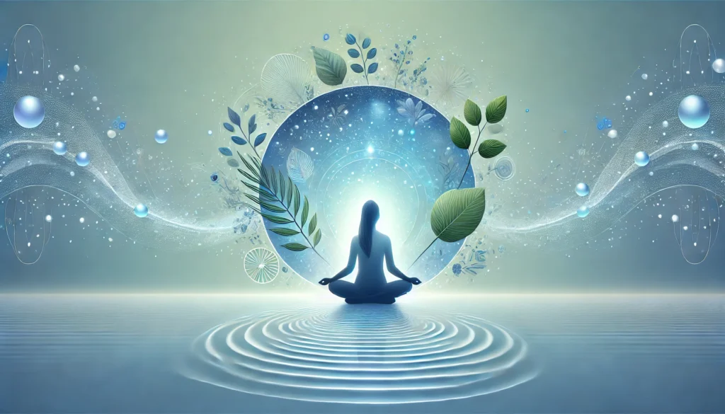 A serene digital artwork illustrating mindfulness and emotional well-being. A person sits peacefully in a meditative pose, surrounded by a glowing aura with nature-inspired elements like leaves and water ripples."