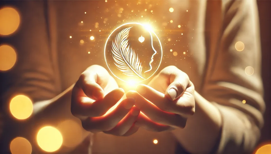 A conceptual image symbolizing mental wellness and support, featuring a pair of hands gently cradling a glowing sphere, representing inner peace and healing. The softly blurred background radiates warm, golden light."