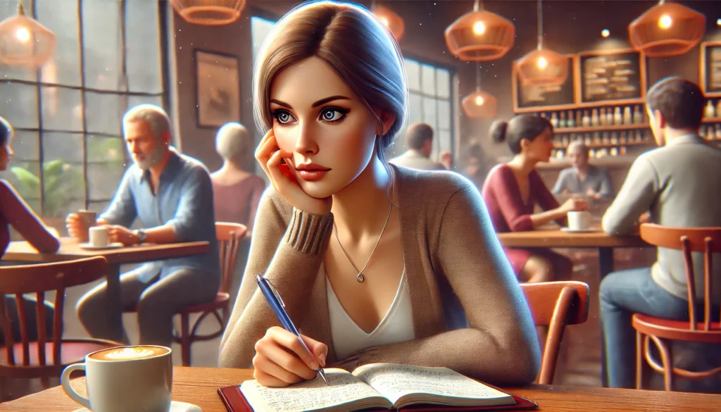 An adult woman in a casual café setting, appearing deep in thought but struggling to focus on a journal in front of her. Holding a pen but gazing off into the distance, she reflects inattentiveness amid the warm coffee shop atmosphere.