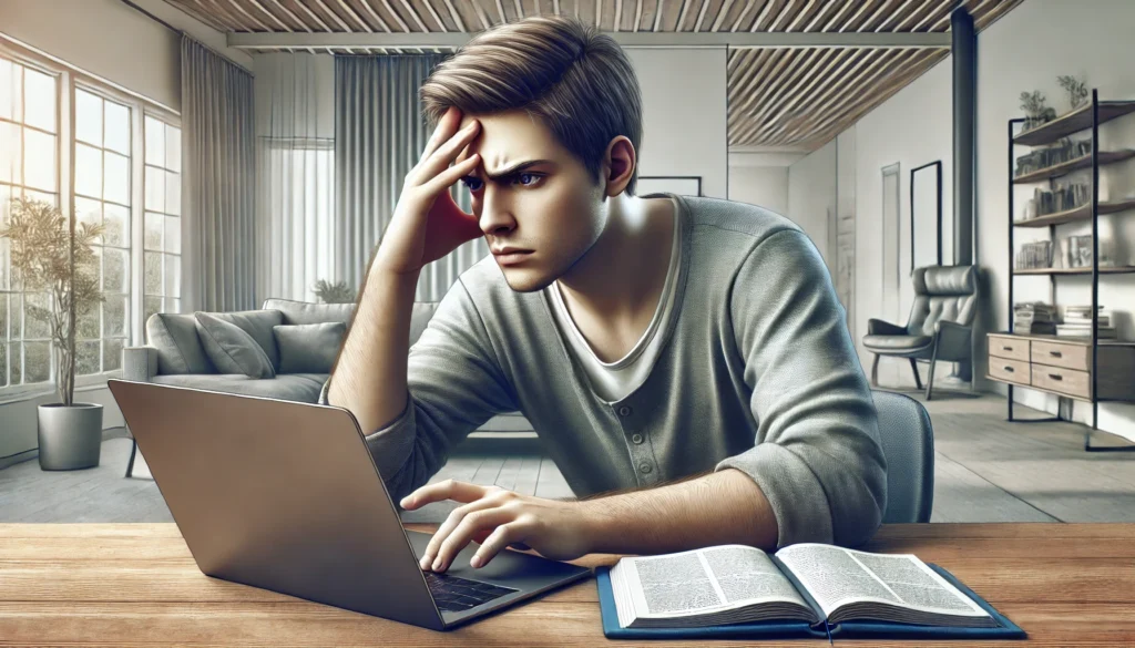 A young adult man sitting in a modern living room, attempting to focus on a laptop screen but looking frustrated and distracted. The scene includes a notebook and a minimalist interior, emphasizing the challenge of concentration with adult ADHD.