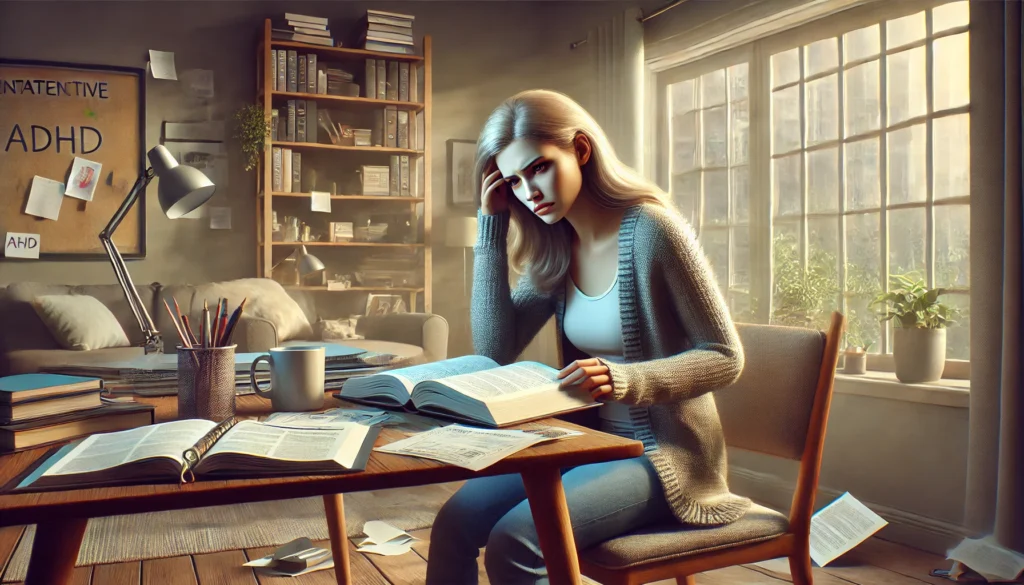 An adult woman sitting in a cozy home office, struggling to concentrate on a book, with a cluttered desk of notes and a planner. The softly lit room contrasts with her visible frustration, representing the experience of inattentive ADHD in adulthood.