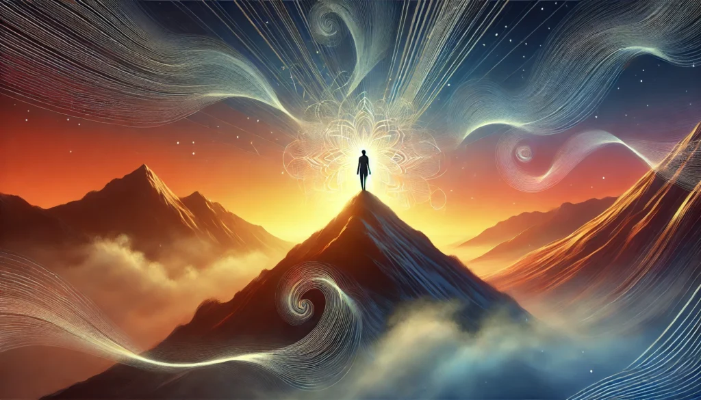 An artistic illustration symbolizing the connection between mindfulness and nature, featuring a silhouette of a person standing on a mountain peak, surrounded by flowing wind and glowing energy lines against a warm sunrise sky."