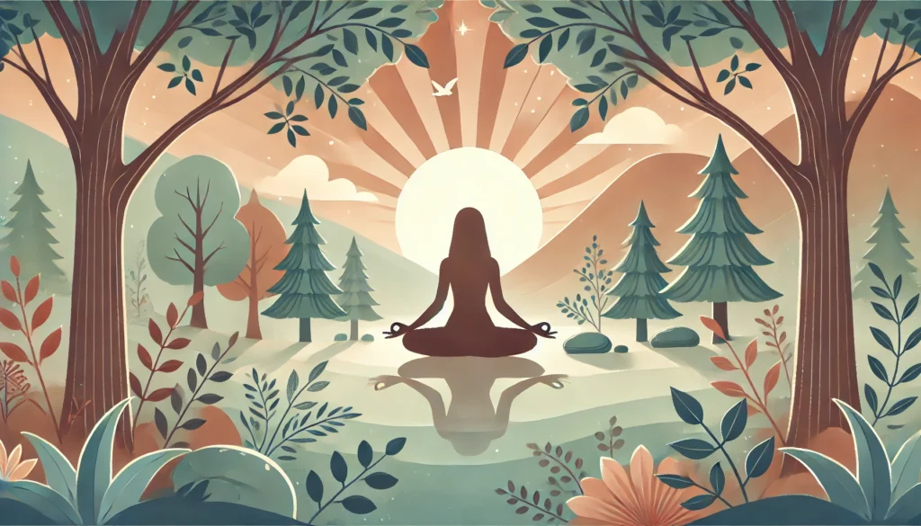 A peaceful scene representing holistic anxiety treatment, featuring a person practicing yoga in nature, surrounded by soft light and a calming landscape of trees and mountains. The colors evoke balance, mindfulness, and well-being."