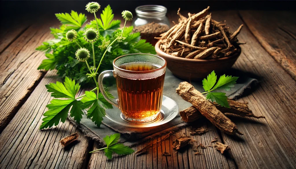 "Rustic wooden table featuring a glass cup of valerian root tea, accompanied by dried valerian roots and fresh green leaves, creating a calming and stress-relieving ambiance."