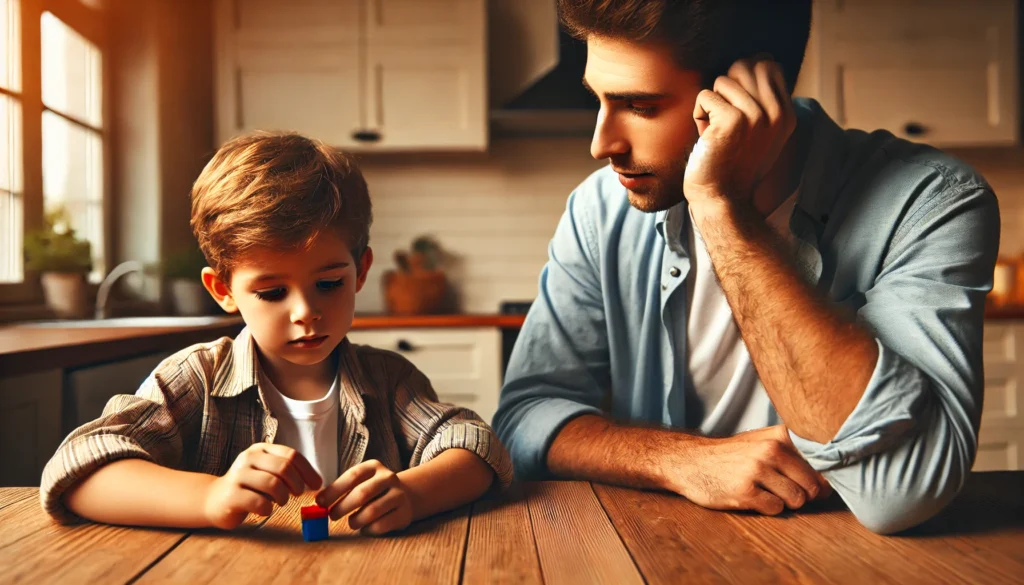 A parent and a young child sitting together at a kitchen table, engaging in an emotional conversation. The child looks distracted while the parent shows a concerned yet supportive expression, symbolizing ADHD's challenges in family life and communication.