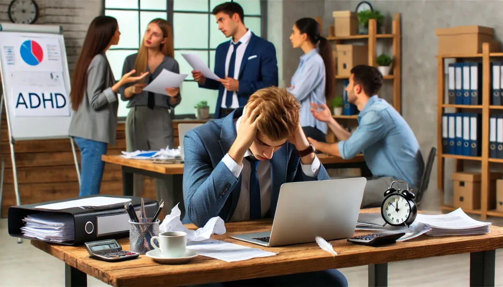 A young adult in an office setting, struggling to focus on work while colleagues engage in discussions. The individual appears overwhelmed, staring at a cluttered desk, illustrating ADHD's impact on professional life and workplace challenges.