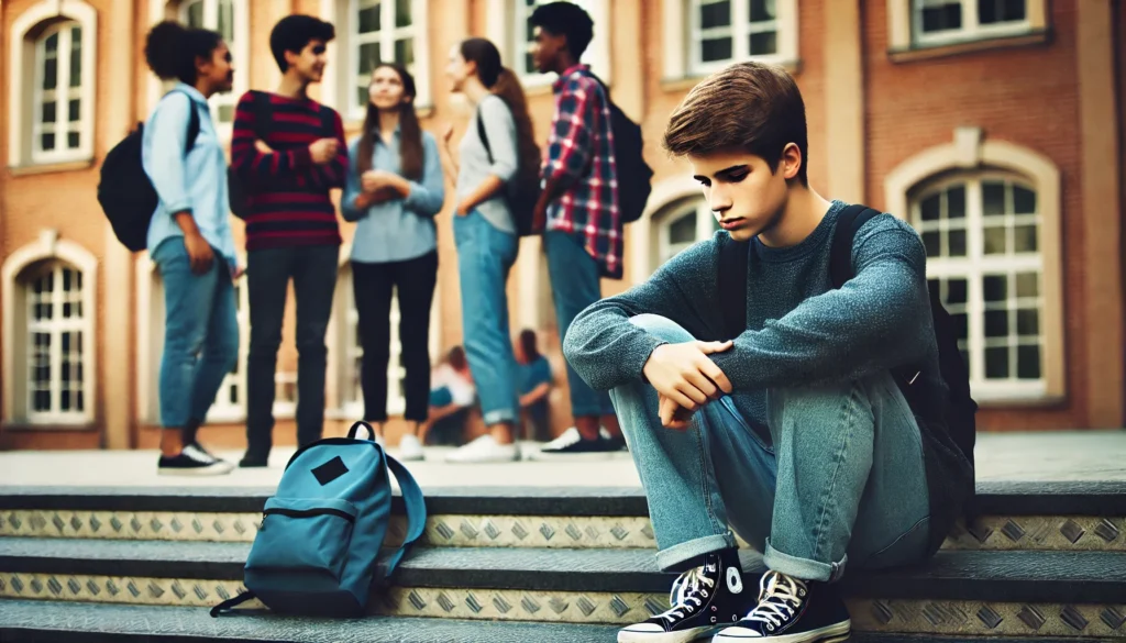 A teenager sitting alone on school steps, looking down with a thoughtful expression, symbolizing the social difficulties individuals with ADHD face. In the background, groups of students are chatting, highlighting the sense of isolation.