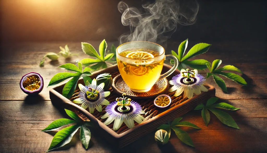 "Peaceful scene featuring a steaming cup of passionflower tea on a wooden tray, surrounded by fresh passionflower blossoms and leaves, evoking a relaxing and stress-free ambiance for natural anger relief."