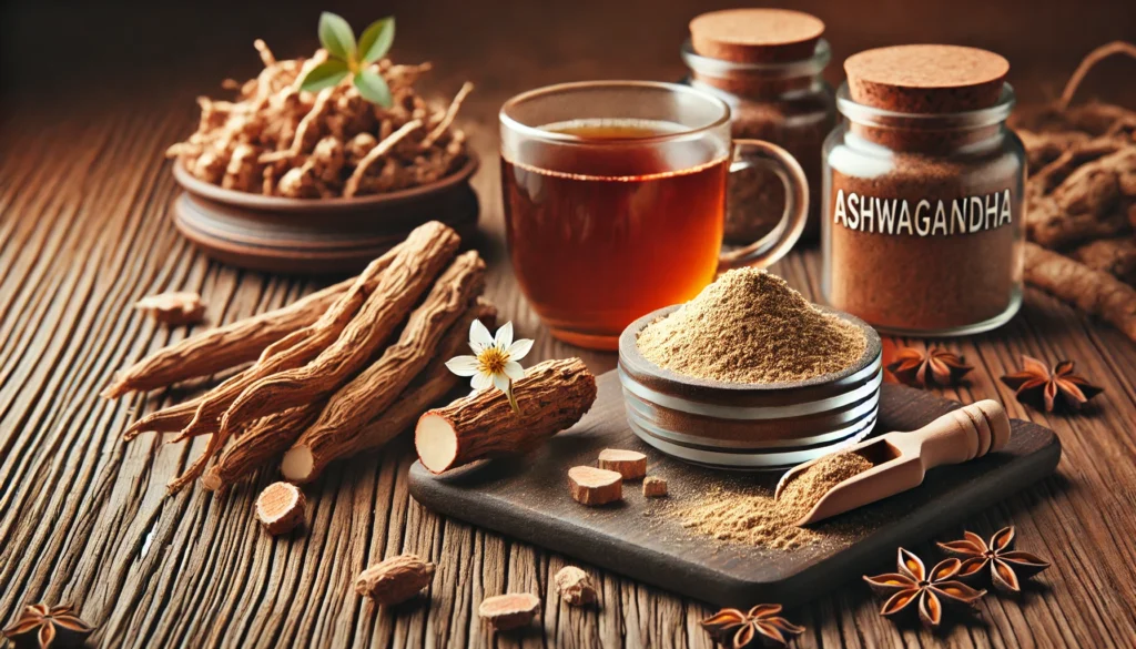 "Close-up of ashwagandha root and powdered supplement on a wooden table, accompanied by a cup of herbal tea, with warm earthy tones highlighting its adaptogenic properties for stress and anger management."