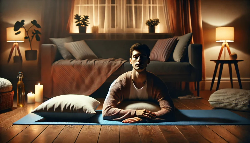 "A peaceful home scene featuring a person lying on a yoga mat with closed eyes, practicing progressive muscle relaxation in a dimly lit room with soft pillows, enhancing relaxation and anxiety relief."