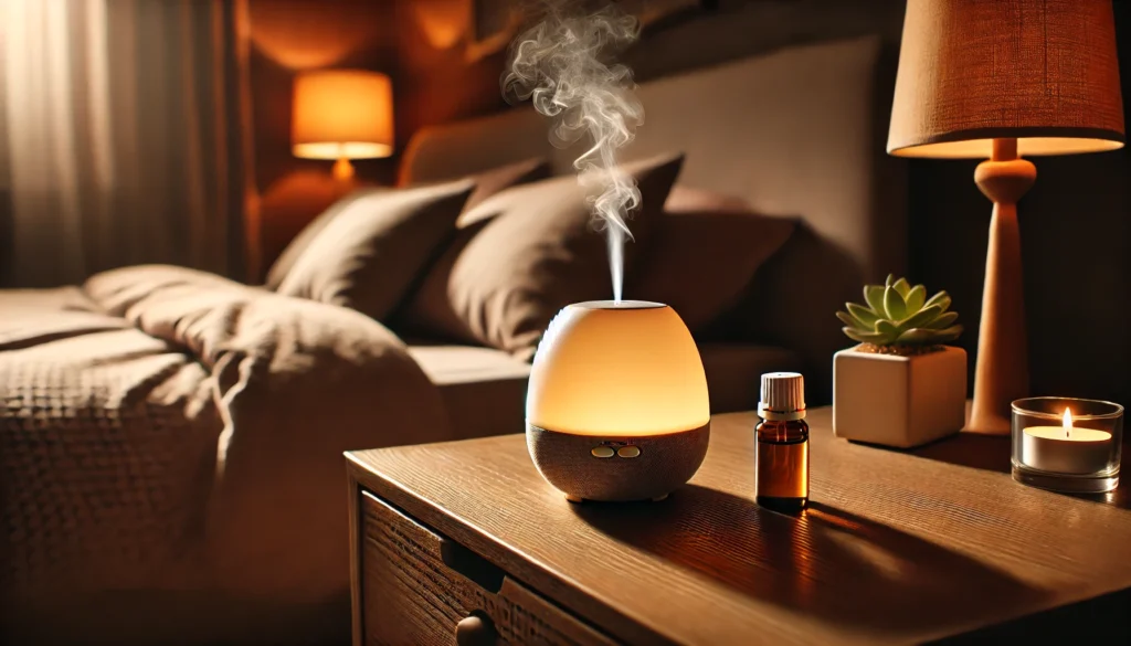 "A relaxing home environment featuring a small essential oil diffuser emitting a soft lavender-scented mist, placed on a wooden nightstand beside a cozy bed with dim lighting, symbolizing the calming effects of aromatherapy for anxiety relief."

