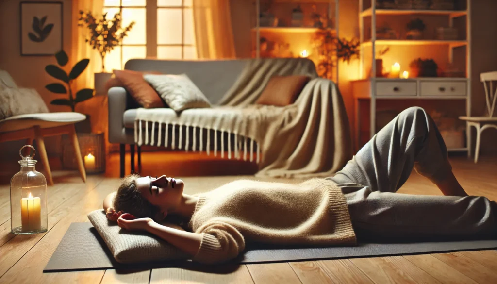 "A peaceful home setting featuring a person lying on a yoga mat practicing progressive muscle relaxation, with eyes closed, arms resting naturally, and surrounded by warm tones and cozy blankets, creating an inviting ambiance for stress relief and relaxation."